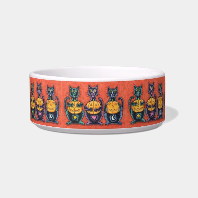 SEE NO EVIL BLACK CATS & JACKS HALLOWEEN PET BOWL (Front)