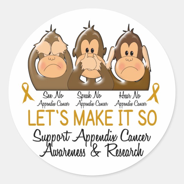 See Speak Hear No Appendix Cancer 2 Classic Round Sticker (Front)