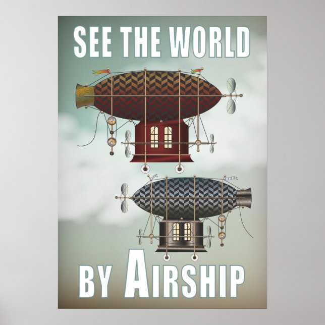 See the World Airship Noir  Rouge Steampunk Travel Poster (Front)