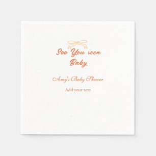 see you soon baby orange red bow baby shower name napkin