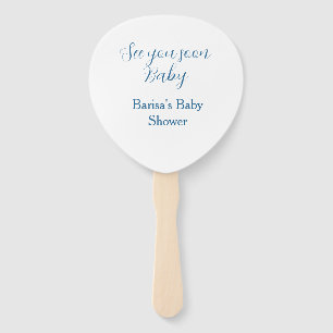 see you soon baby shower blue name date simple hand fan
