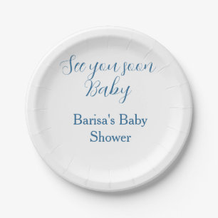 see you soon baby shower blue name date simple paper plate