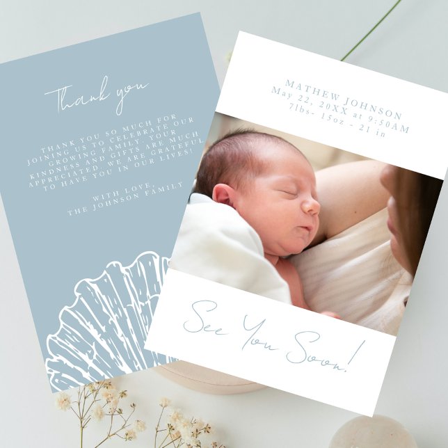 See You Soon Chic Dusty Blue Photo Baby Shower Thank You Card (Creator Uploaded)