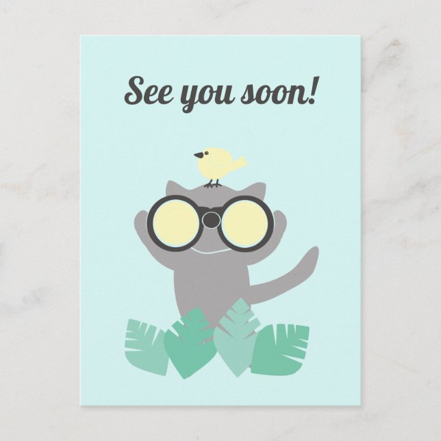 See You Soon Reminder Postcard with Cat and Bird (Front)