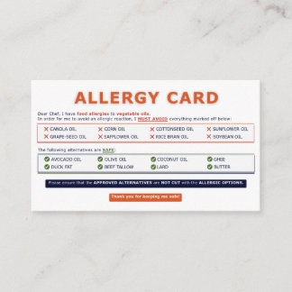 Seed Oil Allergy Card