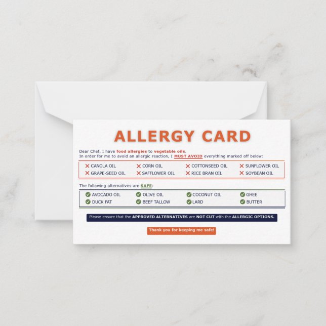 Seed Oil Allergy Card  (Front)