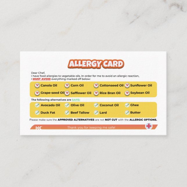 Seed Oil Allergy Card (Front)