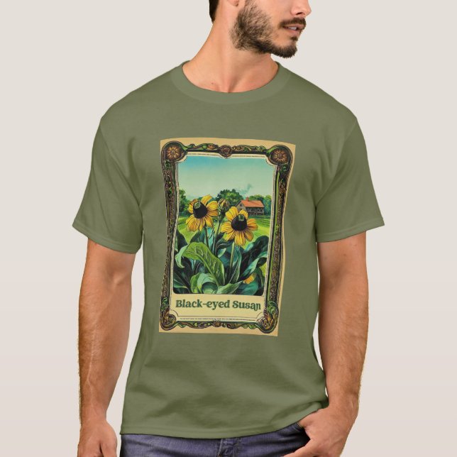 seed packet design of black eyed susans on olive c T-Shirt (Front)