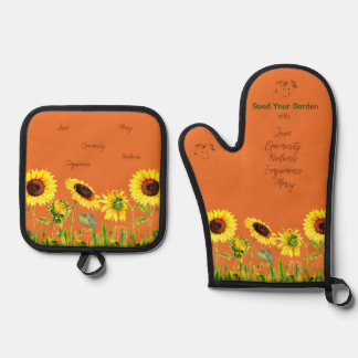 Seed Your Garden Sunflowers Script Words Oven Mitt & Pot Holder Set