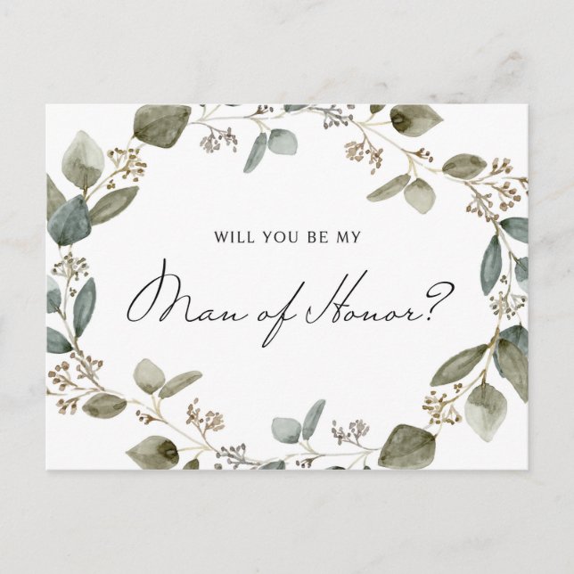 Seeded Eucalyptus Wreath Be My Man of Honour Card (Front)