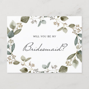 Seeded Eucalyptus Wreath Will You Be My Bridesmaid Invitation Postcard