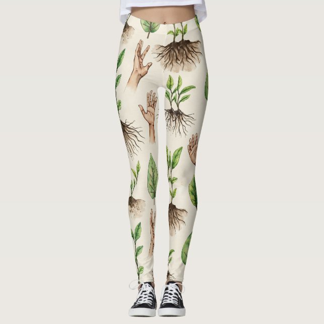 Seeds Strong Roots Hand Seamless Pattern Leggings (Front)