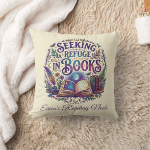 Seeking Refuge in Books Whimsical Celestial Mystic Cushion