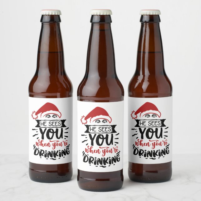 sees you drinking funny Christmas Santa  Beer Bottle Label (Bottles)