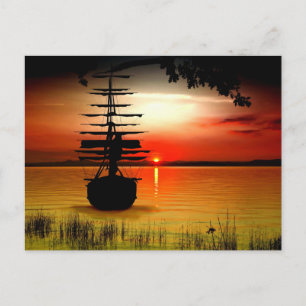 Segelschiff mit Sonnenaufgang Postkarte Postcard