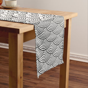 Seigaiha Black And White Japanese Wave Pattern Long Table Runner
