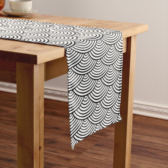 Seigaiha Black And White Japanese Wave Pattern Long Table Runner (In Situ)
