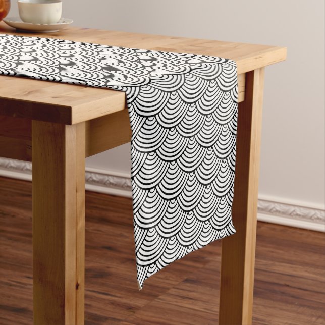 Seigaiha Black And White Japanese Wave Pattern Short Table Runner (In Situ)