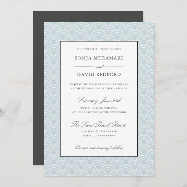 Seigaiha | Dusty Blue Japanese wave Beach wedding Invitation (Front/Back)