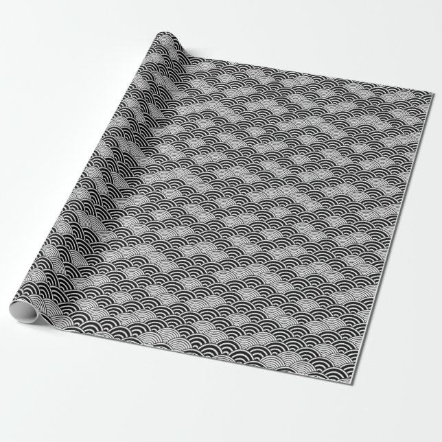 Seigaiha Japanese Wave Black Decorative Pattern Wrapping Paper (Unrolled)