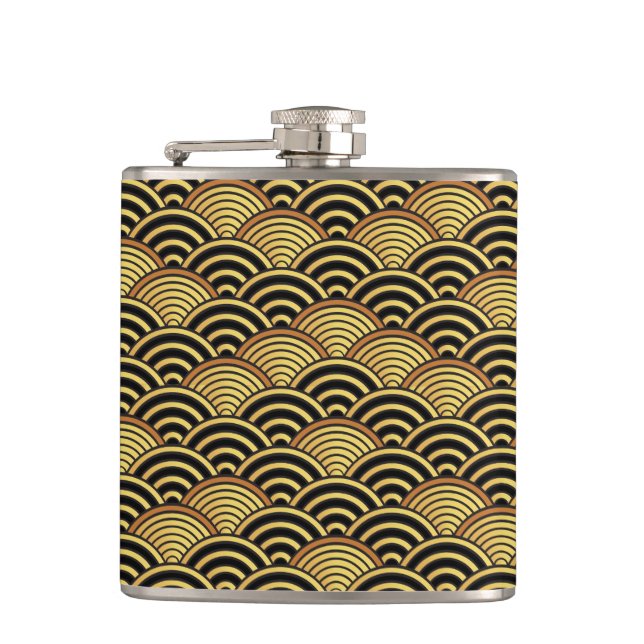 Seigaiha Japanese Wave Gold Rainbow Pattern Hip Flask (Front)