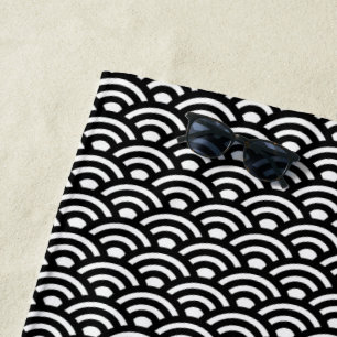 Seigaiha, Waves, Japanese, Black and White Beach Towel