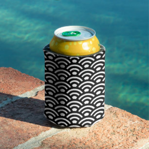 Seigaiha, Waves, Japanese, Black and White Can Cooler