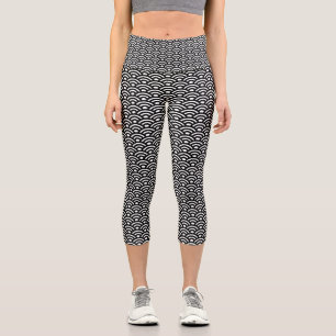Seigaiha, Waves, Japanese, Black and White Capri Leggings