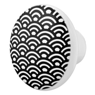 Seigaiha, Waves, Japanese, Black and White Ceramic Knob