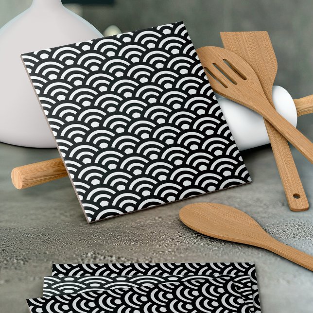 Seigaiha, Waves, Japanese, Black and White Ceramic Tile (Creator Uploaded)