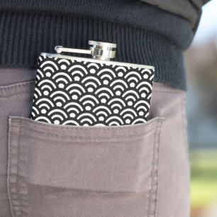 Seigaiha, Waves, Japanese, Black and White Hip Flask