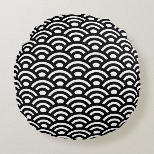 Seigaiha, Waves, Japanese, Black and White Round Cushion