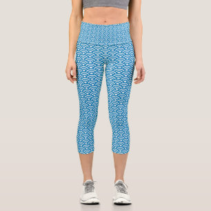 Seigaiha, Waves, Japanese, Blue and White Capri Leggings
