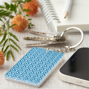 Seigaiha, Waves, Japanese, Blue and White Key Ring