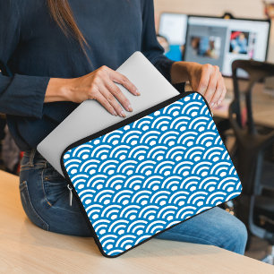 Seigaiha, Waves, Japanese, Blue and White Laptop Sleeve