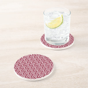 Seigaiha, Waves, Japanese, Burgundy and White Coaster