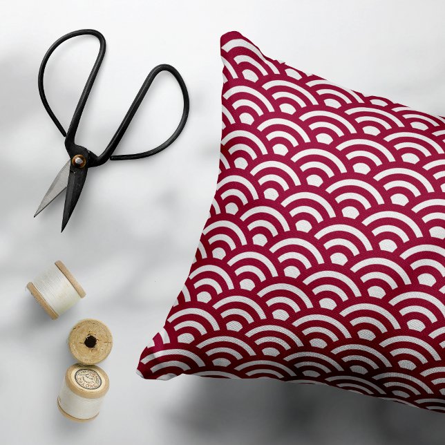 Seigaiha, Waves, Japanese, Burgundy and White Decorative Cushion (Creator Uploaded)