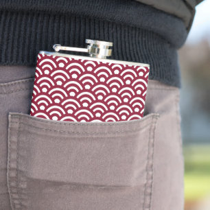 Seigaiha, Waves, Japanese, Burgundy and White Hip Flask