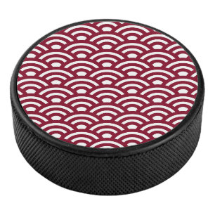 Seigaiha, Waves, Japanese, Burgundy and White Hockey Puck