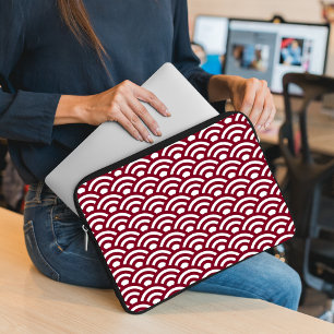 Seigaiha, Waves, Japanese, Burgundy and White Laptop Sleeve
