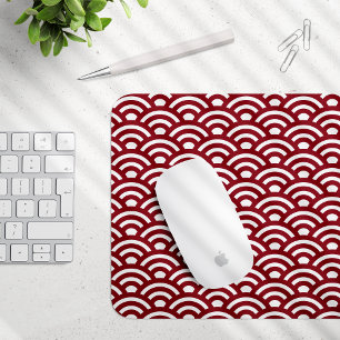 Seigaiha, Waves, Japanese, Burgundy and White Mouse Pad