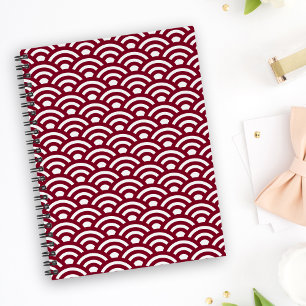 Seigaiha, Waves, Japanese, Burgundy and White Notebook