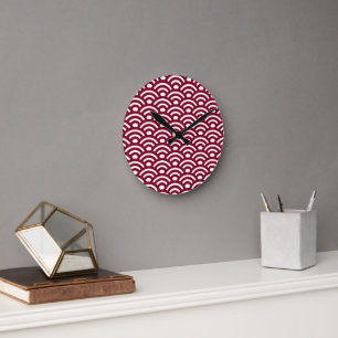 Seigaiha, Waves, Japanese, Burgundy and White Round Clock
