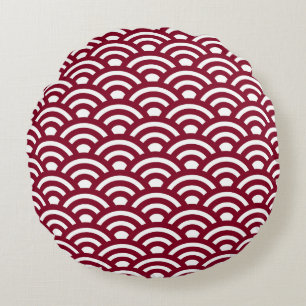 Seigaiha, Waves, Japanese, Burgundy and White Round Cushion