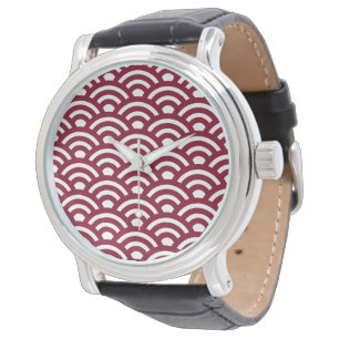 Seigaiha, Waves, Japanese, Burgundy and White Watch
