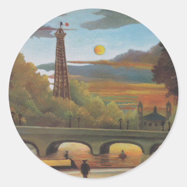 Seine and Eiffel Tower at Sunset by Henri Rousseau Classic Round Sticker (Front)