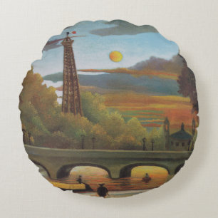Seine and Eiffel Tower at Sunset by Henri Rousseau Round Cushion