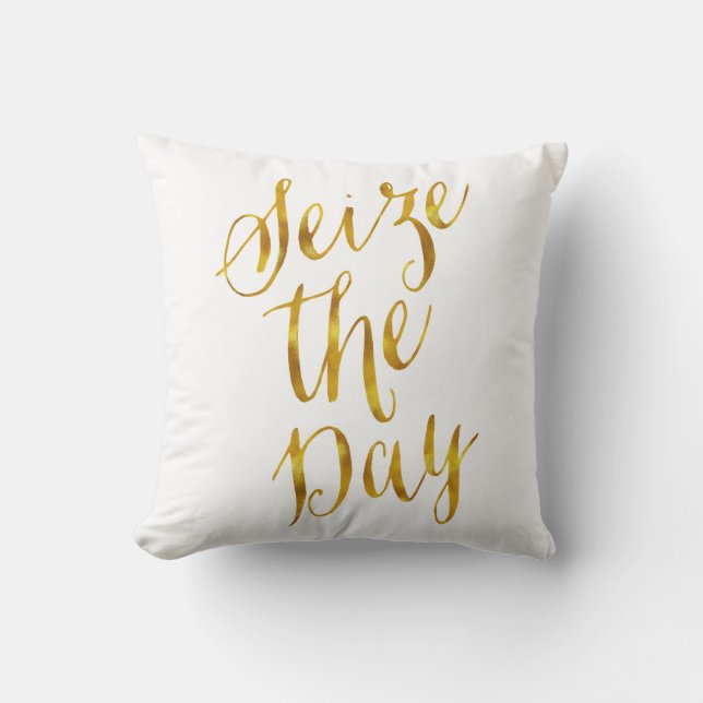 Seize The Day Quote Faux Gold Foil Metallic Design Cushion (Front)