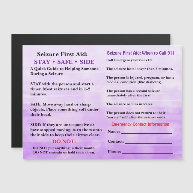 Seizure First Aid | Medical Alert (Front/Back)