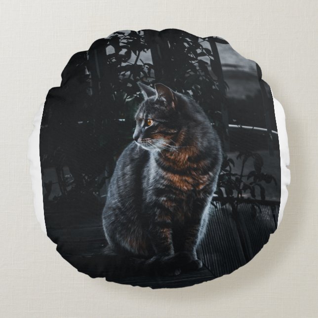 SELECTIVE FOCUS OF SILVER TABBY CAT ROUND CUSHION (Front)